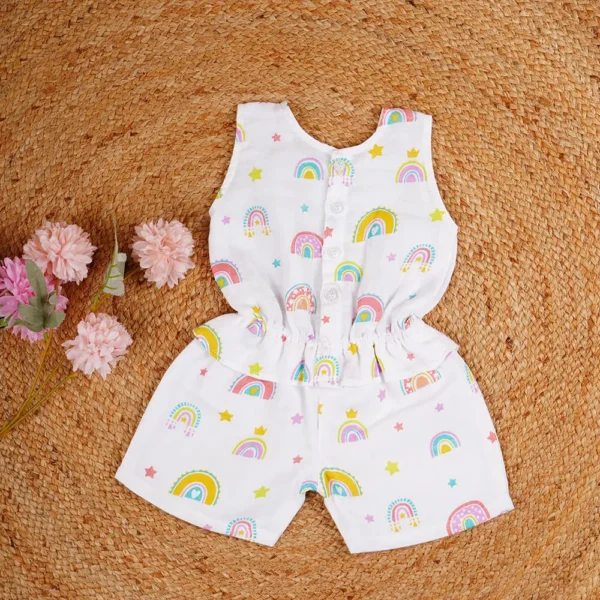 Soft & Breathable Muslin Cotton Romper Jhabla for Baby Girls – Adorable Rainbow & Cat Print!