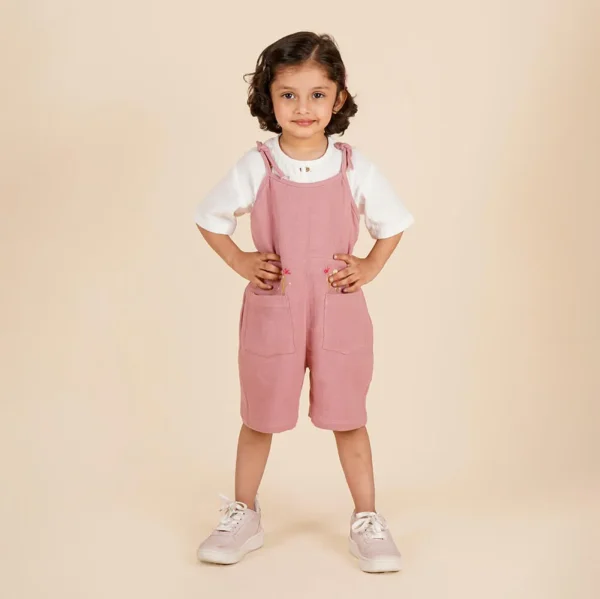 Effortless Comfort: Handcrafted Dusty Pink Muslin Dungaree Set for Kids || 6M-4Y