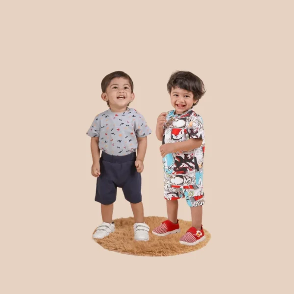 LOYZO Baby Boys' Cotton T-Shirt & Shorts Combo Set – Pack of 2 (Grey & Multicolor Comic Print)