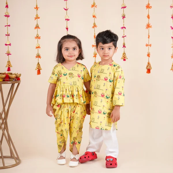 Twin Rakhi Set – Side Placket Kurta Dhoti for Baby Boy & Girl | Yellow Block Print Cotton (6M–5Y)