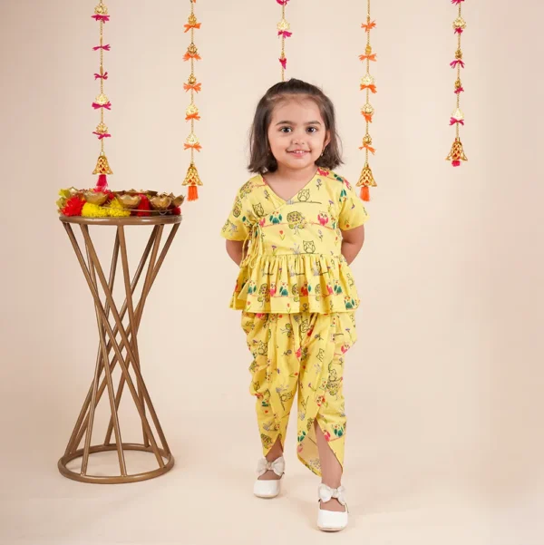 Twin Rakhi Set – Side Placket Kurta Dhoti for Baby Boy & Girl | Yellow Block Print Cotton (6M–5Y) - Image 7