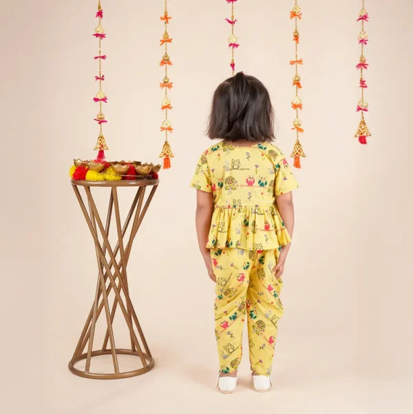 Twin Rakhi Set – Side Placket Kurta Dhoti for Baby Boy & Girl | Yellow Block Print Cotton (6M–5Y) - Image 5