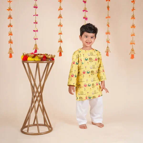 Twin Rakhi Set – Side Placket Kurta Dhoti for Baby Boy & Girl | Yellow Block Print Cotton (6M–5Y) - Image 2