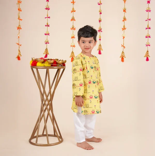 Twin Rakhi Set – Side Placket Kurta Dhoti for Baby Boy & Girl | Yellow Block Print Cotton (6M–5Y) - Image 3
