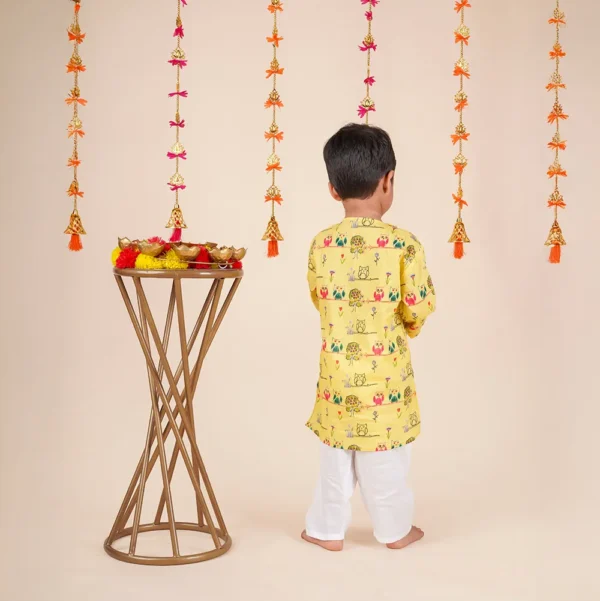 Twin Rakhi Set – Side Placket Kurta Dhoti for Baby Boy & Girl | Yellow Block Print Cotton (6M–5Y) - Image 4