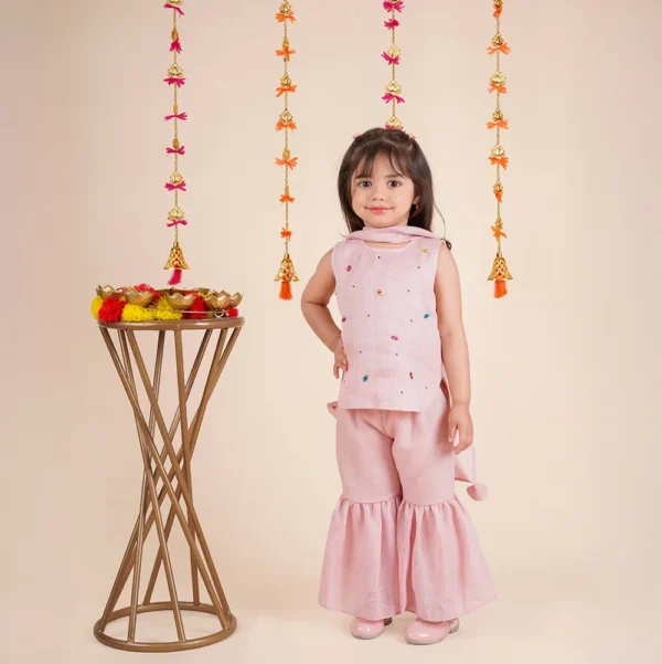 Short Kurti Sharara Dupatta Set for Baby Girls – Dusty Pink Linen Chiffon | Handcrafted Mirror Work | Raksha Bandhan & Festive Wear (6M–4Y)
