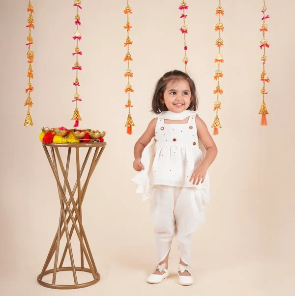 Peplum Dhoti Set for Baby Girls – Cream White Linen Chiffon | Mirror Work | Block Print | Dupatta | Raksha Bandhan Outfit (6M–4Y)
