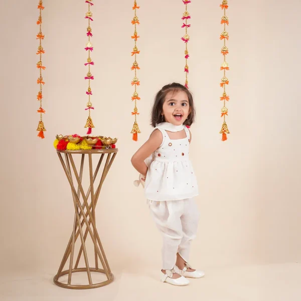 Peplum Dhoti Set for Baby Girls – Cream White Linen Chiffon | Mirror Work | Block Print | Dupatta | Raksha Bandhan Outfit (6M–4Y) - Image 3