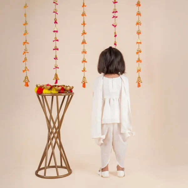 Peplum Dhoti Set for Baby Girls – Cream White Linen Chiffon | Mirror Work | Block Print | Dupatta | Raksha Bandhan Outfit (6M–4Y) - Image 2