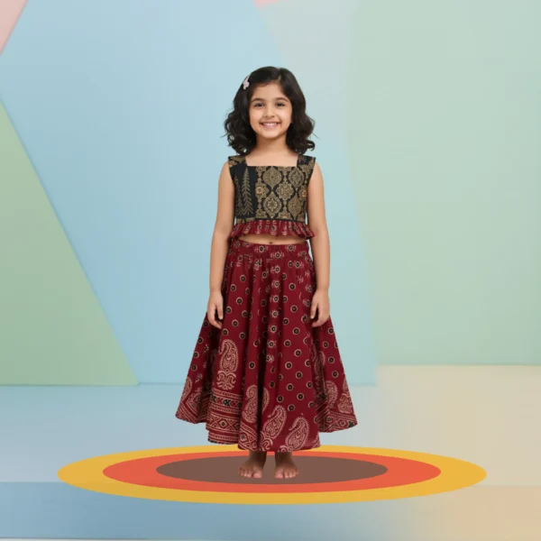 Girls Frill Peplum Chaniya Choli Set – Black & Maroon Ethnic Wear Outfit (6M–5Y)