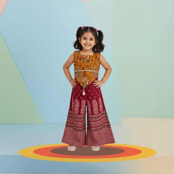 Girls String Choli Palazzo Set – Mustard & Maroon Ethnic Festive Wear (6M–5Y)