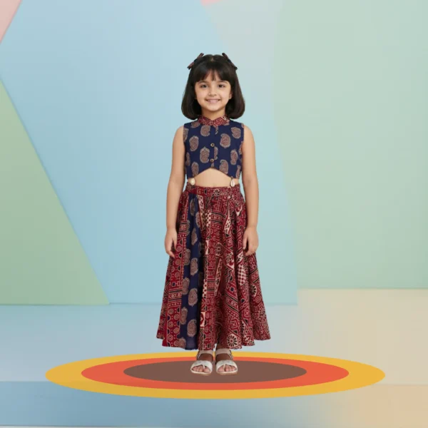 Girls Semi Drape Full Flare Chaniya Choli Set – Navy Blue & Maroon Ethnic Wear (6M–5Y)