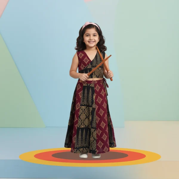 Girls Wrap Style Chaniya Choli Set – Maroon & Black Ethnic Outfit (6M–5Y)