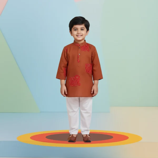 Brown Yoke Kurta Pajama Set – Boys Ethnic Wear with Elephant Print (6M–5Y)