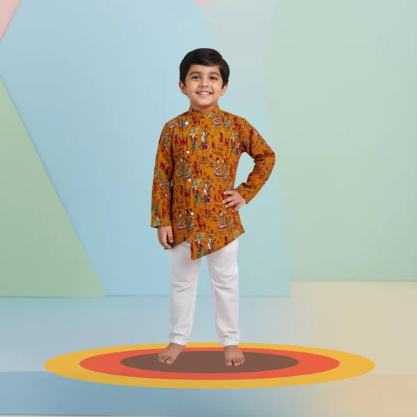 Orange Band Gala Jacket Set – Boys Ethnic Wear with White Pajama Pants (6M–5Y)