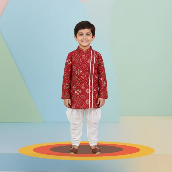 Red Side Placket Kurta Dhoti Set – Boys Traditional Ethnic Wear Outfit (6M–5Y)