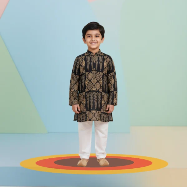 Boys Yoke Kurta Set – Black & Gold Kurta Pajama with White Pants (6M–5Y)