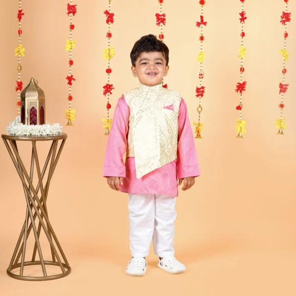 Boys Asymmetric Waist Kurta Set – Pink & Yellow Silk (12M–5Y)
