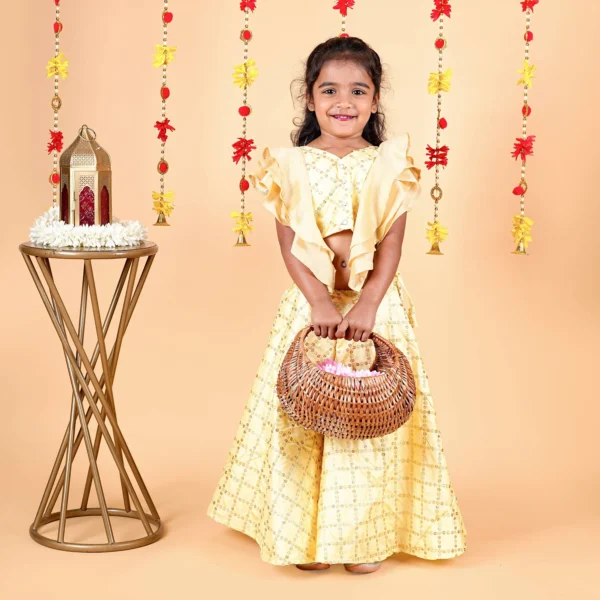 Girls Golden Frill Lehenga Set – Embroidered Silk (12M–5Y)