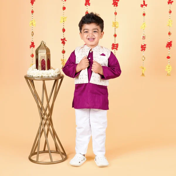 Boys Waist Jacket Set – Purple & Peach Silk (12M–5Y)