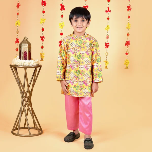 Boys Band Gala Jodhpuri Set – Yellow & Pink Silk (12M–5Y)